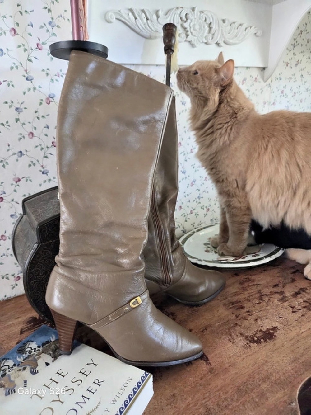 Vintage, Cobbies, Tall Heeled Boots in Beige/Taupe/Brown